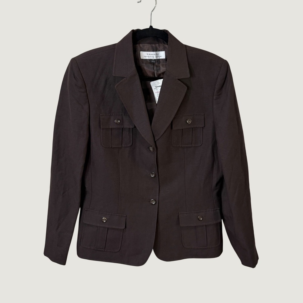 Tahari Arthur S. Levine Blazer Brown Linen Blend Pockets 12 Preppy Dark Academia